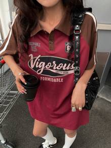 DAZY Camiseta polo de manga corta con bloqueo de color y estampado de letras, camiseta gráfica de estilo callejero retro para mujeres