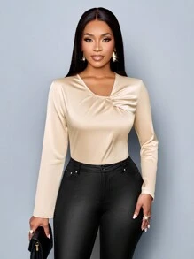 SOLERSUN Winter Clothes For Women Elegant Commuting Daytime Daily Apricot Satin V-Neck Neckline Pleated Long-Sleeved Shirt