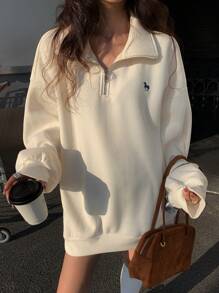 DAZY Women's Oversized Crew Neck Sweatshirt With Small Embroidery Design,Fall Clothes - Beige - View 2