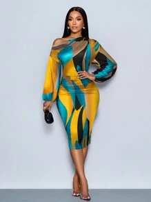 SOLERSUN 女装冬季优雅新年派对情人节舞会圣诞节法式白色波尔卡圆点图案露肩长袖针织臀罩老钱风格跨年性感休闲促销女式中长连衣裙 - 黃色 - 查看 4