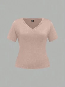 SHEIN LUNE 大码女式纯色 V 领短袖中长休闲 T 恤