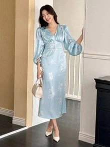 DAZY French Retro Exquisite Print V-Neck Gathered Waist Flare Sleeve Long Dress,Fall Dress