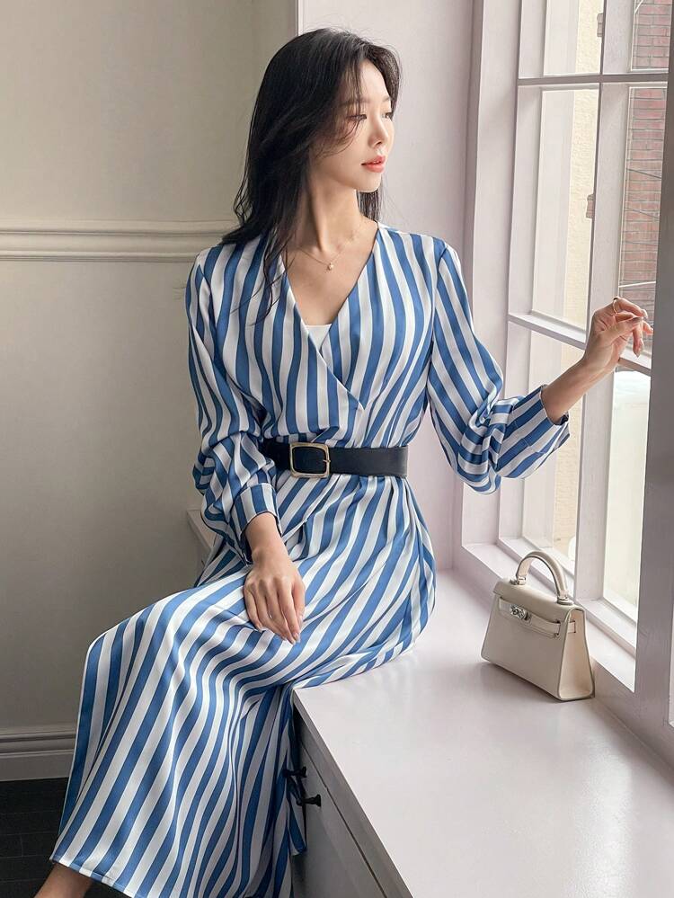Unique V-Neck Striped Elastic Waist Long Dress For Women, Elegant Blue Striped Shirt Dress,Fall Dress Long Sleeve Dress Maxi Dress