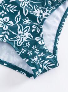 Swim Lushoire 2pcs Tankini Set For Women With Underwire Bra, Ruched Front, Tropical Plant Print, Tummy Control Summer - Teal Blue - View 6