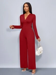 SOLERSUN 女士时尚纯色深 V 领露背系带长袖性感连衣裤