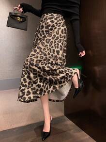DAZY 豹纹美人鱼长裙，优雅，秋冬女装半身裙 - 棕色 - 查看 5