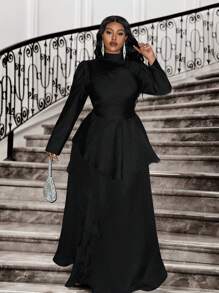 Slaydiva Plus Size Women Elegant Solid Color Dress For Party - Black - View 3