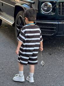 2pcs/Set Young Boys Casual Sports Streetwear Set - Loose Fit Round Neck Short Sleeve T-Shirt And Shorts, Black & Khaki Striped, Suitable For Daily Wear, School, Travel, Sports, Spring/Summer - Multicolor - View 2
