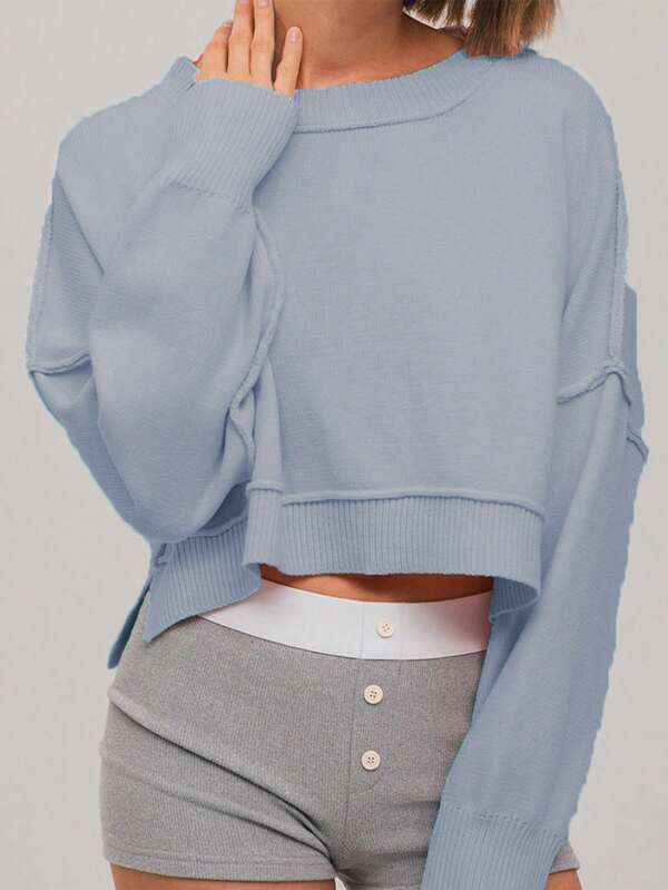 TRNVIE Women's Solid Color Dropped Shoulder Crew Neck Long Sleeve Casual Sweater, Autumn/Winter