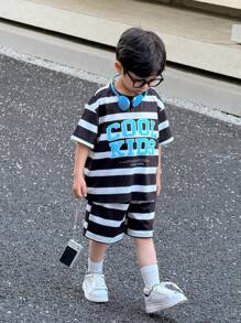 2pcs/Set Young Boys Casual Sports Streetwear Set - Loose Fit Round Neck Short Sleeve T-Shirt And Shorts, Black & Khaki Striped, Suitable For Daily Wear, School, Travel, Sports, Spring/Summer - Multicolor - View 1