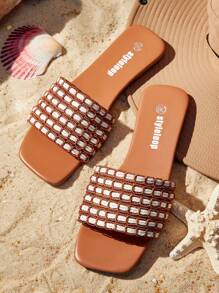 Styleloop Women's Casual Flat Sandals With Rivets, Comfortable Vacation Style Bohemian Chic Footwear - Brown - View 3