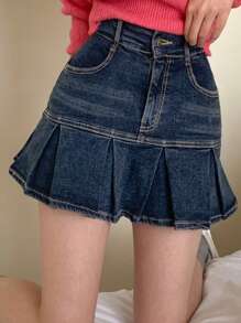 DAZY 女士深蓝色水洗蕾丝边短牛仔裙，四季牛仔裙