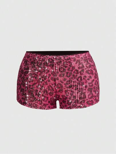 ROMWE J-Fashion Vintage Low Waist Super Short Fuchsia Leopard Print Sequin Women Shorts