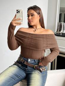 SHEIN EZwear Plus Size Women Coffee Brown Off Shoulder Solid Color T-Shirt - Coffee Brown - View 5