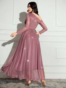 SHEIN X GALILEA Modelyn 女士纯色不对称领口长袖闪亮迷人优雅连衣裙 - 淺灰紫 - 查看 3