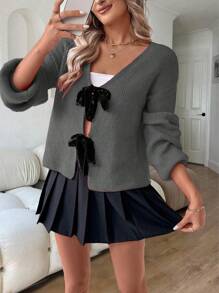 SHEIN LUNE Cardigan tricoté casual ample en style séquins à nœud papillon mélangé, dans une ambiance de Noël européenne et américaine. Automne/Hiver - Gris - Voir 4