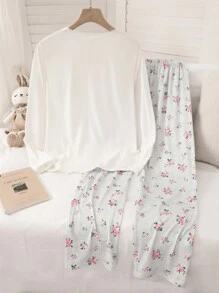 Zestaw 2 szt. dla nastolatek, jednolity kolor, kołnierzyk z guzikami, kieszenie z koronki, nadruk kwiatowy, długi rękaw, piżama, odzież rekreacyjna