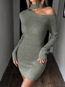 SHEIN Clasi 女式露肩高领长袖针织毛衣连衣裙 - 深灰色 - 查看 4