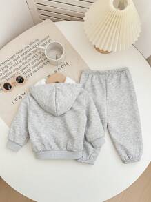 SHEIN Leap Crew 女婴/男婴中性秋冬可爱简约纯色灰色羊毛连帽运动衫和松紧腰长裤 2 件/套