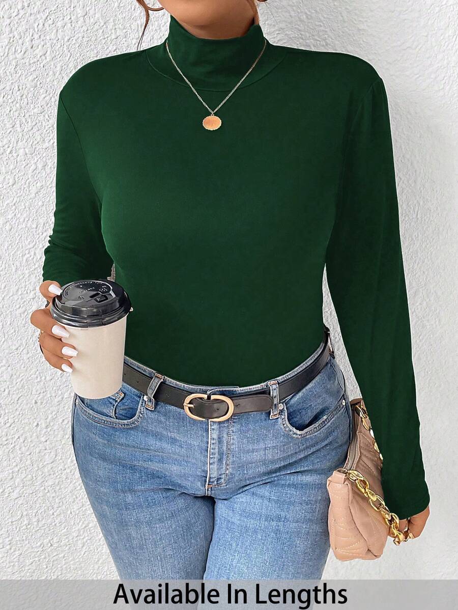 SHEIN PETITE CURVE Plus Size Women's Solid Color Stand Collar Long Sleeve Fitted T-Shirt - Dark Green - View 1