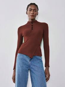 SHEIN Unity 高领套头毛衣，修身版型，纽扣装饰针织套头衫，秋冬款 - 咖啡棕 - 查看 4
