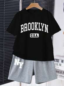 SHEIN Tween Boys Casual Minimalist Round Neck Short Sleeve Shorts 2pcs Set, Suitable For Summer