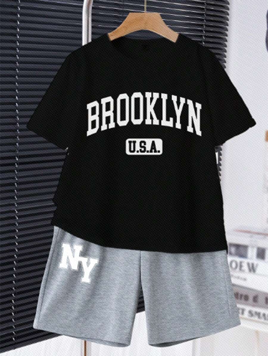 SHEIN Tween Boys Casual Minimalist Round Neck Short Sleeve Shorts 2pcs Set, Suitable For Summer