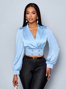 SOLERSUN Women Elegant Lapel Neck Pearls Button Wrap Crop Satin Blouse Fall Cloth For Women - Baby Blue - View 1