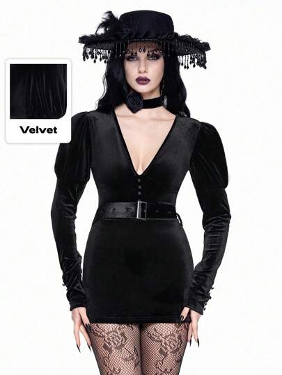 Sexy V-Neck Vintage Gothic 3D Rose Floral Choker Bodycon Mini Dress, For New Year