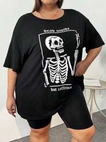 SHEIN CURVE+ Plus Size Skull & Letter Printed T-Shirt