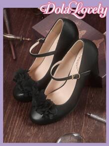 Dola Lovely Women's Black & White Classic Mary Jane High Heel Shoes, Retro Lolita Lace Pattern - Black - View 1
