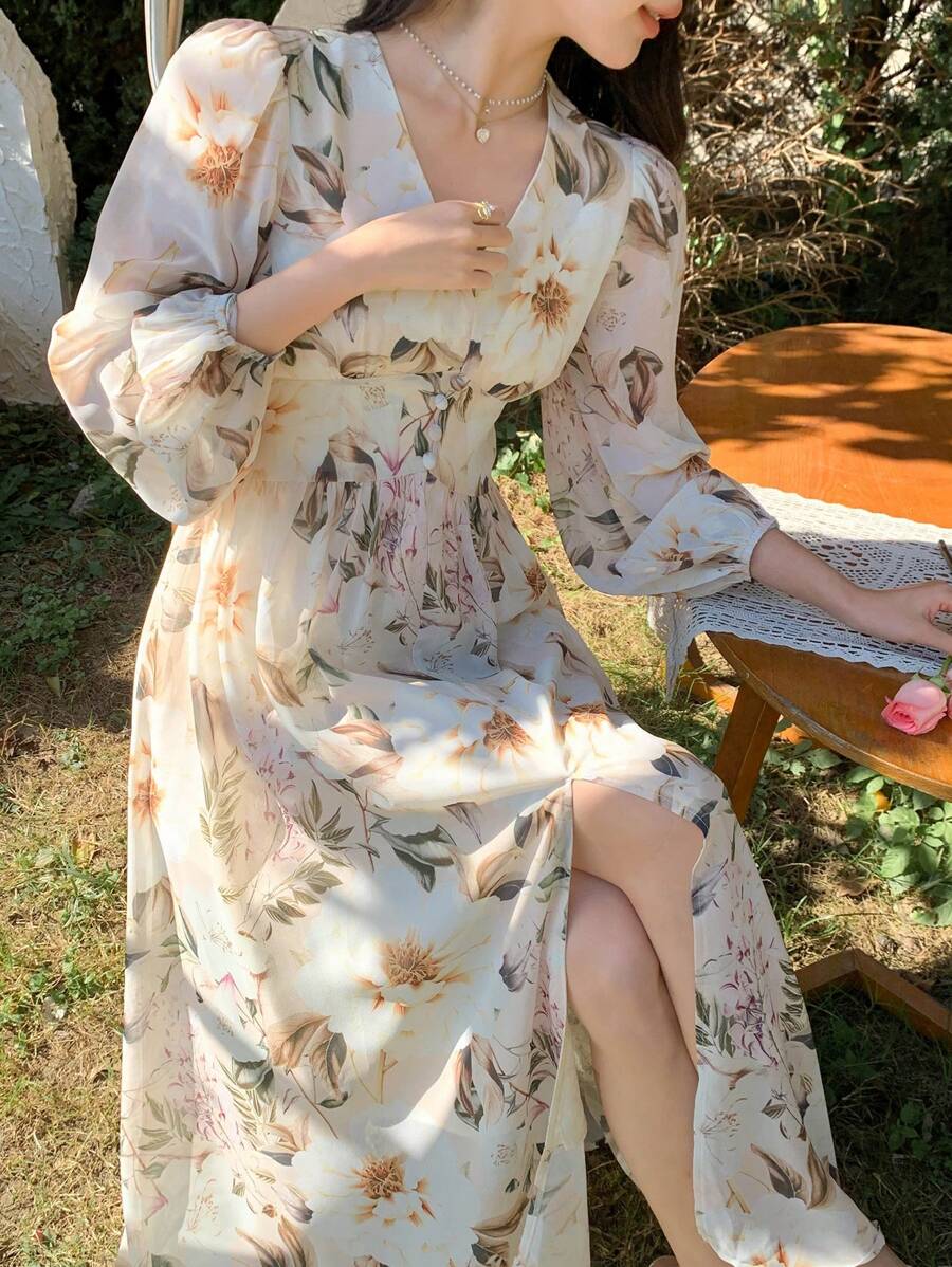 DAZY Đầm voan hoa thanh lịch dáng dài ngang gối dành cho nữ, trang phục đi nghỉ xuân/hè, đầm maxi phong cách boho. - Màu be - Xem 1