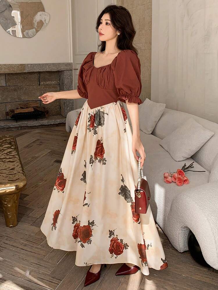 Patchwork Puff Sleeve Floral Midi Dress For Women,Fall Clothes