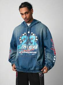 ROMWE MEN Street Life Men's Letter Print Drop Shoulder Long Sleeve Drawstring Hooded Casual Denim Top - Multicolor - View 1