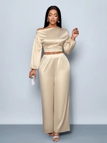 SOLERSUN 2024 New Autumn And Winter Elegant Business For Commuting, High-Grade Satin Slanted Shoulder Top & Pants Set
