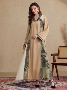 Al Najma 女士休闲 V 领长袖阿拉伯风格佩斯利印花连衣裙，阿拉伯连衣裙 - 彩色 - 查看 4