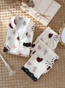 SHEIN Teen Girls Mocha Heart Pattern Satin Lace Trim Comfortable Fabric Cardigan & Pants Sleepwear Pajama Set, Spring/Autumn - Apricot - View 4