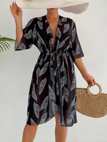 SHEIN Swim Women's Tropical Plant Print Belted Beach Cover Up For Summer