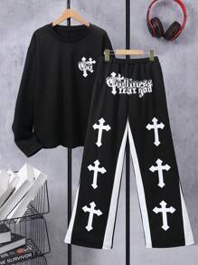 2pcs/Set Teens Boys' Casual Cross Print Round Neck Drop Shoulder Long Sleeve Sweatshirt And Pants Set, Autumn/Winter - Black - View 1