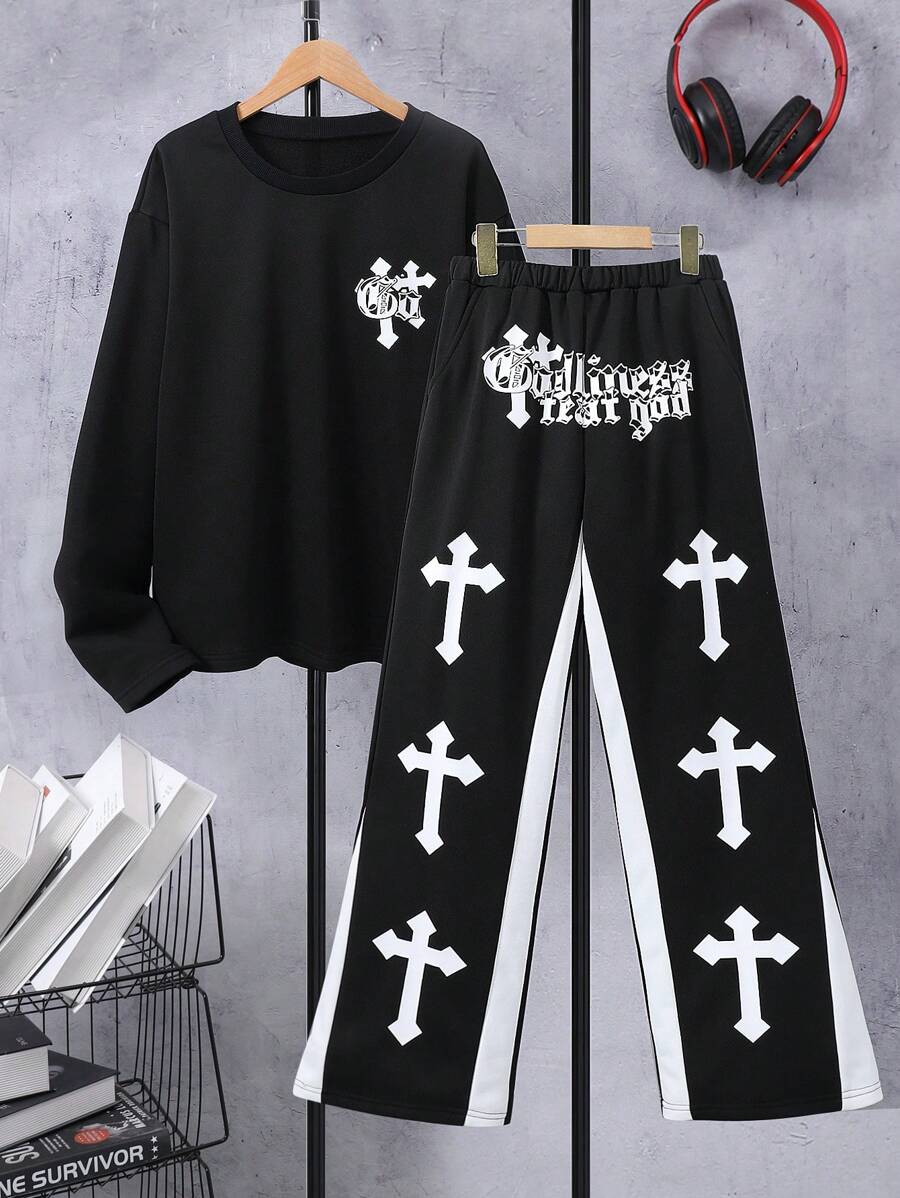 2pcs/Set Teens Boys' Casual Cross Print Round Neck Drop Shoulder Long Sleeve Sweatshirt And Pants Set, Autumn/Winter - Black - View 1