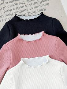 SHEIN LMoss Kids LMoss 3pcs/Set Baby Girls Cute Solid Color Knitted Thick Long Sleeve Top With Ruffle Hem, Autumn/Winter