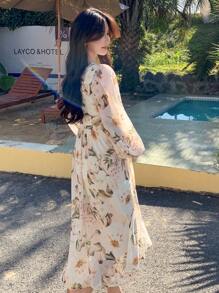 DAZY Đầm voan hoa thanh lịch dáng dài ngang gối dành cho nữ, trang phục đi nghỉ xuân/hè, đầm maxi phong cách boho. - Màu be - Xem 6