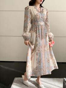 DAZY Floral Print Puff Sleeve Button Down Mid-Length Dress For Women Elegant,Fall Dress Vacation Outfits Women - Blue - View 4