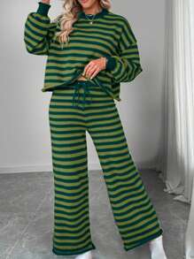 SHEIN LUNE Bộ đồ dệt kim đơn giản, giản dị, họa tiết sọc theo phong cách Giáng sinh - màu xanh lá - Xem 6