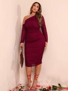 SHEIN BAE 加大码不对称领口长袖褶皱网眼紧身连衣裙，适合复活节、狂欢节、Y2K