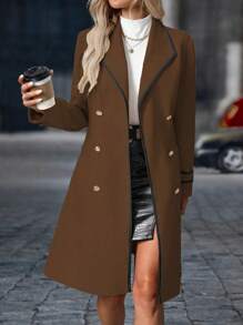 SHEIN Clasi 女士秋冬休闲翻领双排扣夹克 - 咖啡棕 - 查看 8