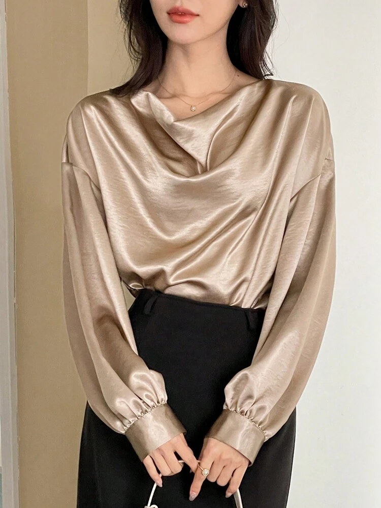 French Style Loose-Collar Satin Long Sleeve Blouse, Elegant Lady Casual Shirt