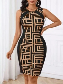 SHEIN Lady Đầm dự tiệc thanh lịch/Phù hợp với mọi mùa/Ngày lễ tình nhân/Đầm ngày lễ Đầm ôm sát in họa tiết Đầm công sở Đầm dài vừa phải thanh lịch và thời trang dành cho nữ Váy Trang phục năm mới cho nữ Đầm đen Đầm mini bó sát cổ tròn in họa tiết hình học dành cho nữ - Nhiều màu - Xem 5