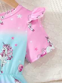 SHEIN Young Girl' Cute Unicorn Colorblock Print Casual Round Neck Short Sleeve Dress, Suitable For Summer Summer Holiday - Multicolor - View 5