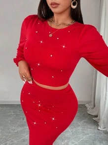 Celure 2pcs Women Plus Size Elegant Solid Color Rhinestone Decor Round Neck Puff Sleeve Christmas Party & Date Night T-Shirt With Mini Skirt Set For New Year Clothes